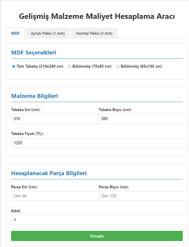 Mdf - Pleksi Maliyet Hesaplama Aracı